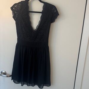 Black Lace V-Neck Mini Dress with Cap Sleeves
